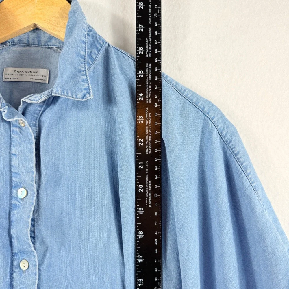 Zara Ruffle Denim Top Womens Medium Blue Oversized Boho Coastal Cape Blouse